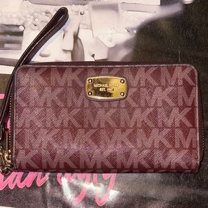Michael Kors Burgundy Jet Set MK Logo Zip Wristlet with Gold Plate